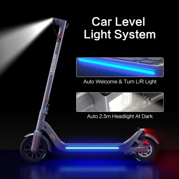 LEQISMART A8 Electric Scooter Adults & Scooter Lock, 28 Miles Long-Range Battery, Gyroscope Speed Control and Intelligent Light Sense, 9" Anti-Puncture Air Filled Tires, Max 630W Motor & Foldable