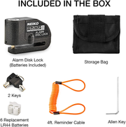NEIKO 52908A Motorcycle Wheel Disc Brake Lock with Alarm | up to 110Db Sound Alarm | Anti-Theft Motion Sensor Security | Universal Brake Rotors Padlock for Motorcycles, Bicycles, Scooters, and More