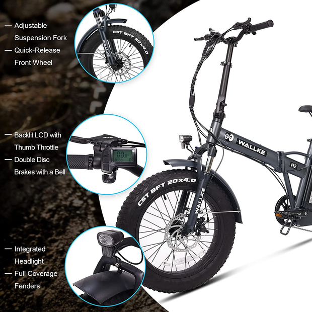 Wallke H2 Folding Fat Tire Electric Bike for Adults 20 Inch 500W BAFANG Motor 48V 13Ah LG Lithium Battery Removable-Ul Certified Shimano 7-Speed Electric Bicycle Snow Mountain Beach Ebike