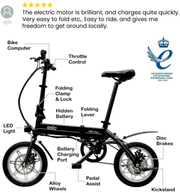 Eelo 1885 14" Adults Folding Electric Bike - Portable Ebike Easy to Store in Caravan, Motor Home, Boat, Car. Queen'S Award Winner. UK Assembled