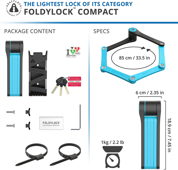 Foldylock Compact Folding Bike Lock - Award Winning Patented Lightweight High Security Bicycle Lock - Heavy Duty anti Theft Smart Secure Guard with Keys and Case for Bikes or Scooters