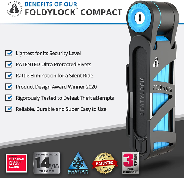 Foldylock Compact Folding Bike Lock - Award Winning Patented Lightweight High Security Bicycle Lock - Heavy Duty anti Theft Smart Secure Guard with Keys and Case for Bikes or Scooters