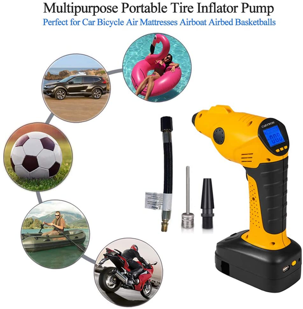 CARYWON Portable Air Compressor Pump Cordless Tire Inflator with Digital Display and LED Lights ,Built-In Power Bank Perfect for Car Bicycle Air Mattresses Airboat Airbed Basketballs