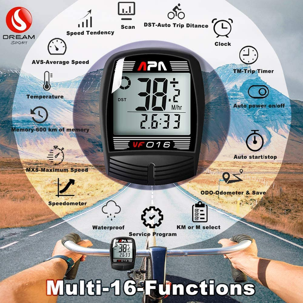 DREAM SPORT Bike Computer Bicycle Speedometer and Odometer 16-Function Wired Bike Computer Waterproof DCY016