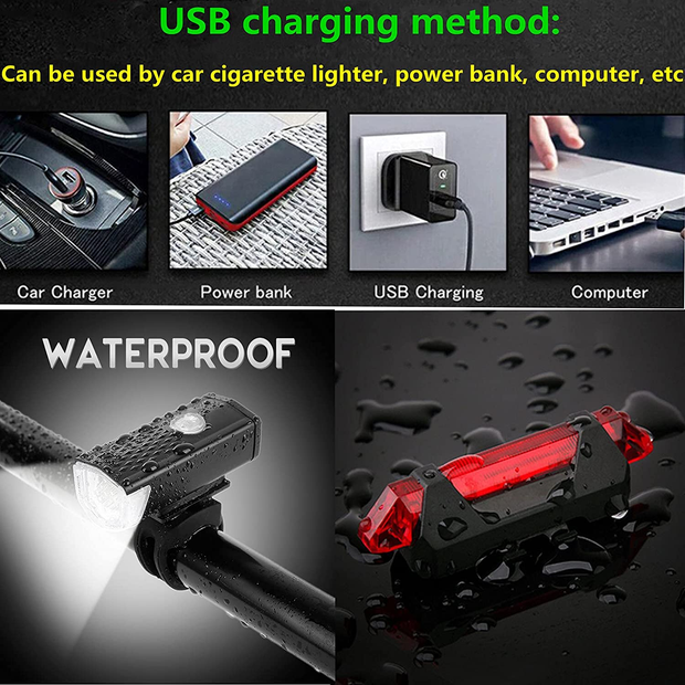 JAIZAIWJ USB Rechargeable Bicycle Lights Set 3LED Light Modes Waterproof Bike Lights Front and Back Taillight 4Pcs Bike Wheel Lights for Men Women Kids Road Mountain Cycling(2Cables/12 Batteries)