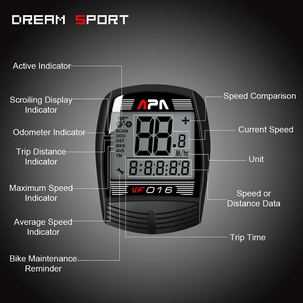 DREAM SPORT Bike Computer Bicycle Speedometer and Odometer 16-Function Wired Bike Computer Waterproof DCY016