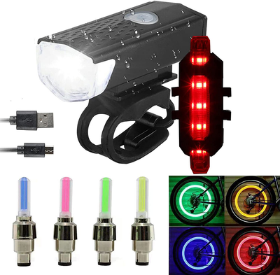 JAIZAIWJ USB Rechargeable Bicycle Lights Set 3LED Light Modes Waterproof Bike Lights Front and Back Taillight 4Pcs Bike Wheel Lights for Men Women Kids Road Mountain Cycling(2Cables/12 Batteries)