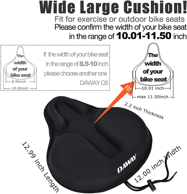 DAWAY Extra Large Comfortable Bike Seat & Gel Foam Padded Saddle Cover - Soft Bicycle Cushion for Men Women Seniors, Universal Fit for Outdoor Indoor Exercise Bikes